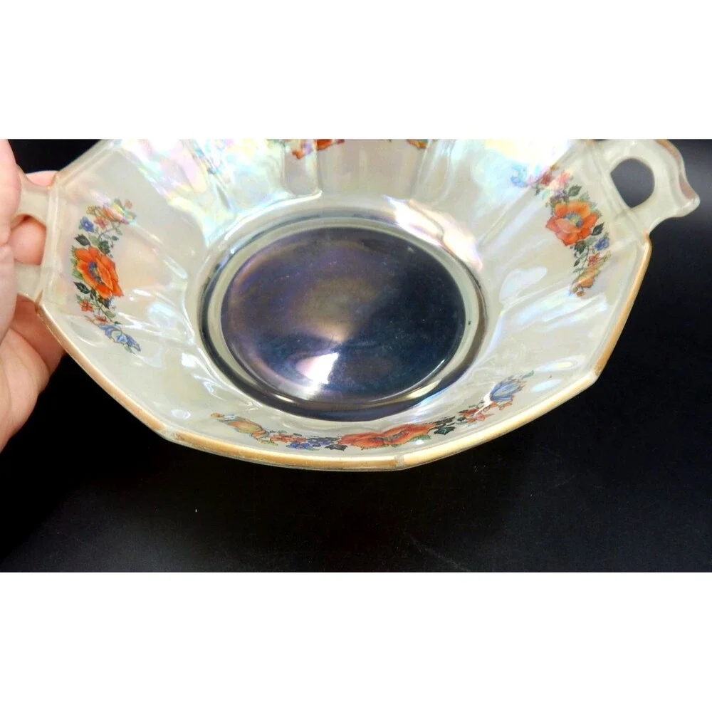 Glass Handled Serving Bowl Dish Floral Transfer Depression Glass 9 In Iridescent